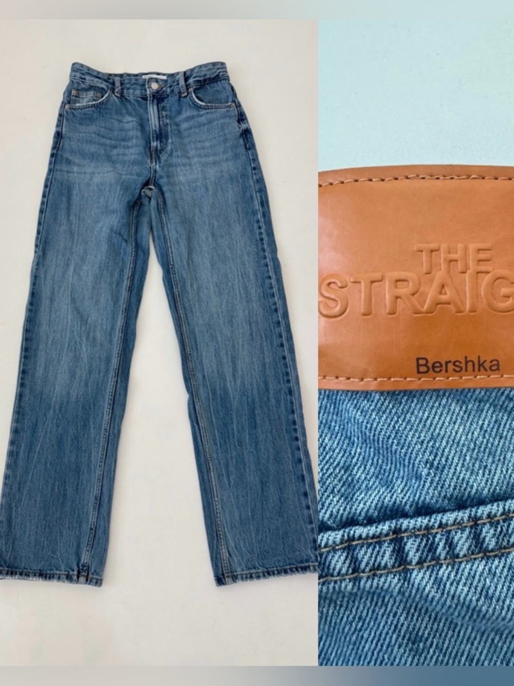 Bershka Straight Leg Jeans High Waist Blue Denim Full Length Mom Style 4